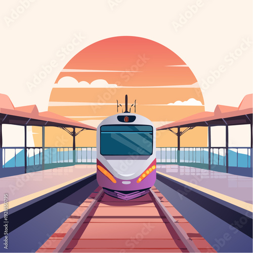 Modern Train Arriving at Station Platform During Sunset.