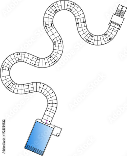 Technical diagrams of winding water park slides with landing pools, amusement facility engineering, pool site plans, and industrial conveyor systems.
