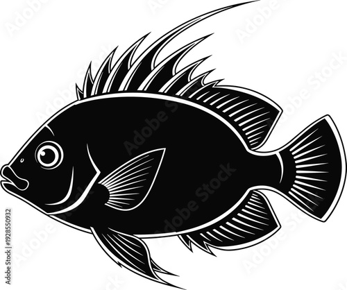 Black and white fish silhouette with sharp fins, aquatic animal vector illustration for fishing sports, tropical sea life, saltwater fish.