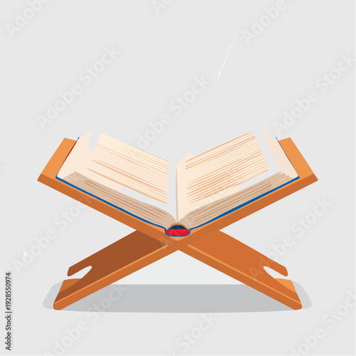 An open book on a wooden bookrest or Quran stand illustration.
