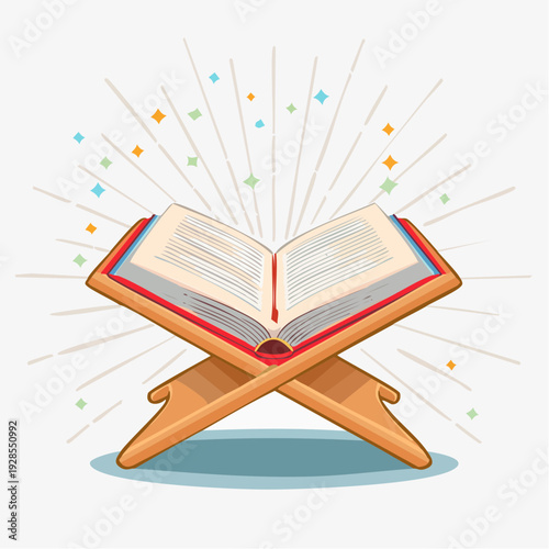 Open book on wooden stand with colorful sparkles.