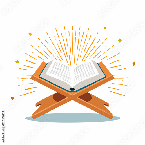 Open Quran on a wooden stand with radiant light.