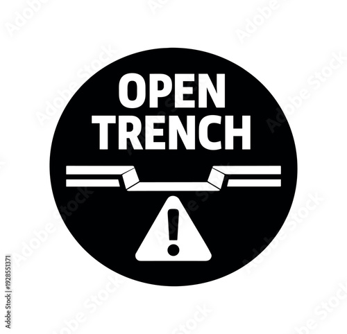 Flat vector badge OPEN TRENCH simple white trench line with alert triangle