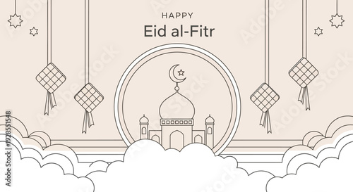 Elegant Eid al-Fitr greeting card with mosque and crescent moon design.