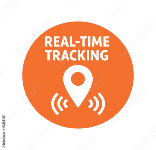 Flat vector badge REAL TIME TRACKING simple white map pin with signal waves
