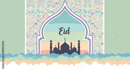 Eid celebration greeting card with mosque silhouette and colorful geometric pattern.