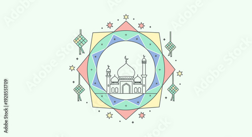 Decorative geometric frame with mosque silhouette and Islamic star motifs.