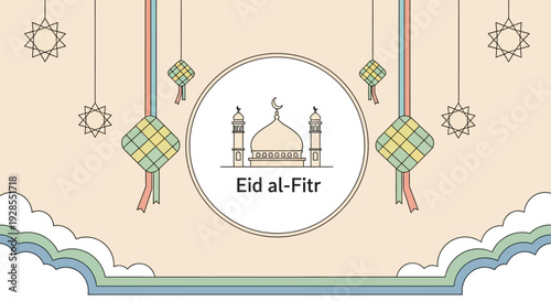 Decorative Eid al-Fitr greeting with mosque silhouette and traditional ketupat decorations.