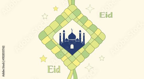 Decorative Eid greeting with mosque silhouette and ketupat design.