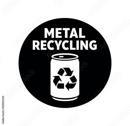Flat vector badge METAL RECYCLING simple white can with recycle arrows