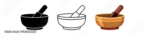 Singing bowl with wooden mallet for sound healing therapy ayurveda and eastern wellness icon vector icon set three styles: black solid silhouette thin black outline and flat colored with