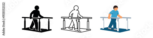 Parallel bars with patient walking between them for gait rehabilitation vector icon set three styles: black solid silhouette thin black outline and flat colored with solid fills. Clean