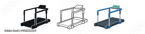 Treadmill with handrails for physical therapy walking exercise vector icon set three styles: black solid silhouette thin black outline and flat colored with solid fills. Clean professional