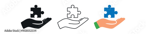 Occupational therapy hand with puzzle piece for cognitive rehabilitation vector icon set three styles: black solid silhouette thin black outline and flat colored with solid fills. Clean
