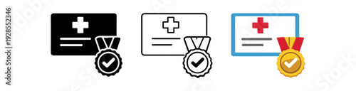 Rehabilitation certificate with medal for completed recovery program vector icon set three styles: black solid silhouette thin black outline and flat colored with solid fills. Clean