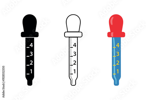 Children medicine dropper with measured markings for liquid dosing vector icon set three styles: black solid silhouette thin black outline and flat colored with solid fills. Clean