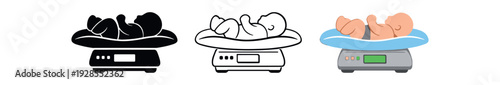 Baby scale with infant lying on it for newborn measurement vector icon set three styles: black solid silhouette thin black outline and flat colored with solid fills. Clean professional