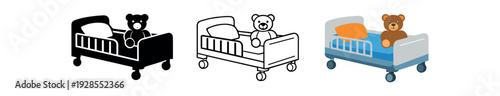 Children hospital bed with safety rails and teddy bear for pediatric ward vector icon set three styles: black solid silhouette thin black outline and flat colored with solid fills. Clean