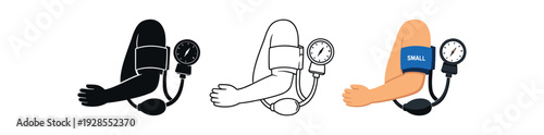 Pediatric blood pressure cuff small size on child for checkup vector icon set three styles: black solid silhouette thin black outline and flat colored with solid fills. Clean professional