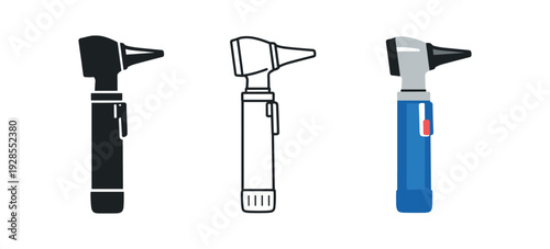 Pediatric otoscope with funnel tip for ear examination children vector icon set three styles: black solid silhouette thin black outline and flat colored with solid fills. Clean professional