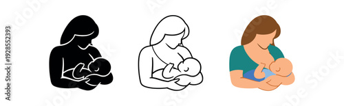 Breastfeeding mother silhouette with nursing infant for newborn nutrition vector icon set three styles: black solid silhouette thin black outline and flat colored with solid fills. Clean