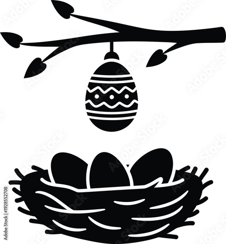 Easter day silhouette easter egg on branch above nest isolated on transparent background