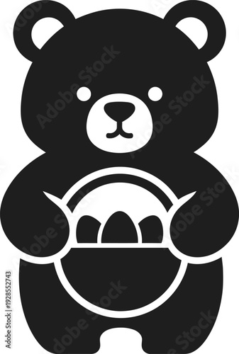 Easter day black bear holding eggs silhouette isolated on transparent background