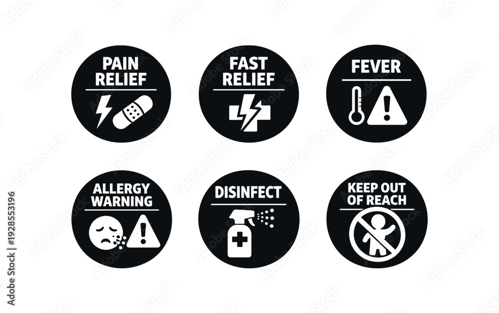 Fototapeta premium badge texts and icons: PAIN RELIEF with pain lightning and bandage icon FAST RELIEF with lightning bolt cross icon FEVER with thermometer alert triangle icon ALLERGY WARNING with allergy