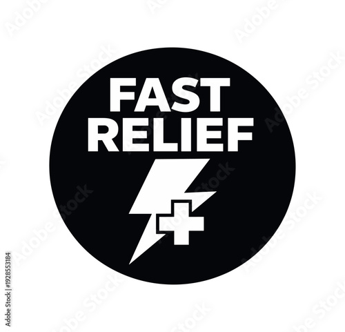 Flat vector badge FAST RELIEF simple white lightning bolt with medical cross