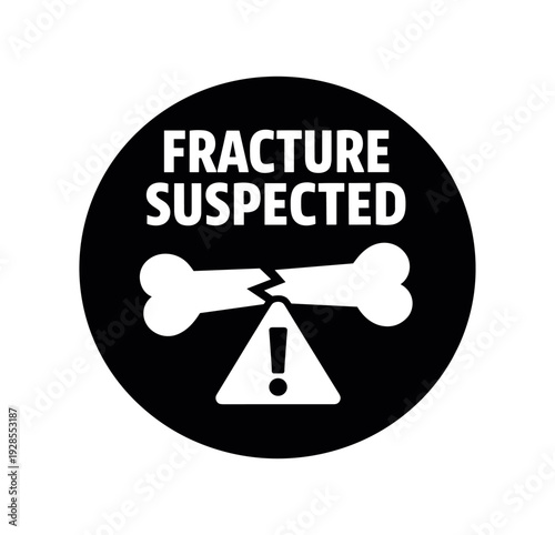 Flat vector badge FRACTURE SUSPECTED simple white bone with alert triangle