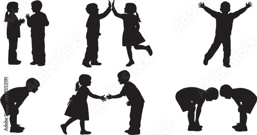 Black Children Silhouette Set Featuring Boys and Girls Playing, Giving High Five, Shaking Hands, and Isolated Kids Poses for Vector Design