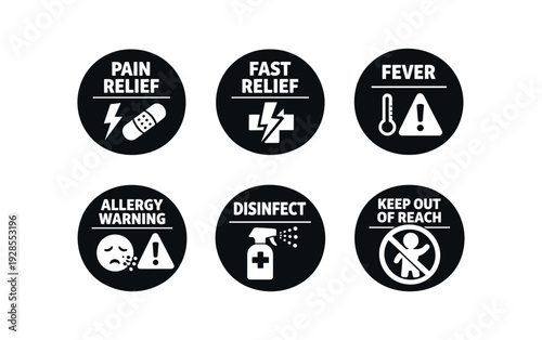 badge texts and icons: PAIN RELIEF with pain lightning and bandage icon FAST RELIEF with lightning bolt cross icon FEVER with thermometer alert triangle icon ALLERGY WARNING with allergy