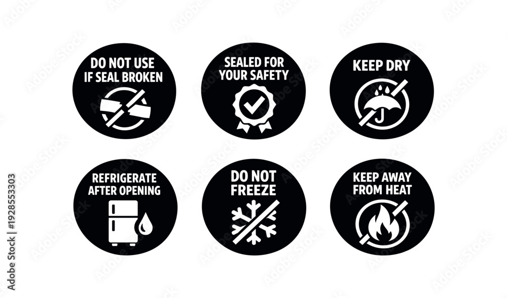 Obraz premium badge texts and icons: DO NOT USE IF SEAL BROKEN with broken seal slash icon SEALED FOR YOUR SAFETY with seal checkmark icon KEEP DRY with umbrella droplet slash icon REFRIGERATE AFTER