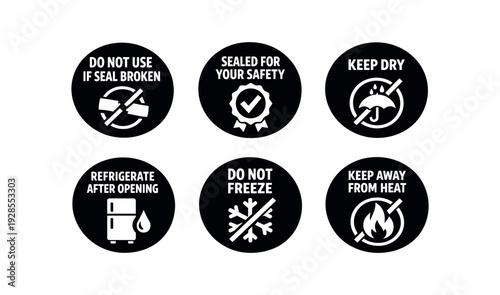badge texts and icons: DO NOT USE IF SEAL BROKEN with broken seal slash icon SEALED FOR YOUR SAFETY with seal checkmark icon KEEP DRY with umbrella droplet slash icon REFRIGERATE AFTER