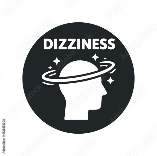 Flat vector badge DIZZINESS simple white head with swirl