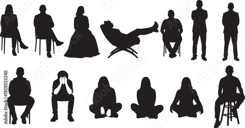 Collection of People Silhouettes Sitting and Standing in Various Poses Including Relaxing Meditating and Waiting Isolated on White Background for Design
