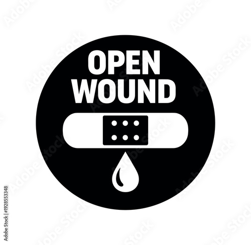 Flat vector badge OPEN WOUND simple white bandage with droplet