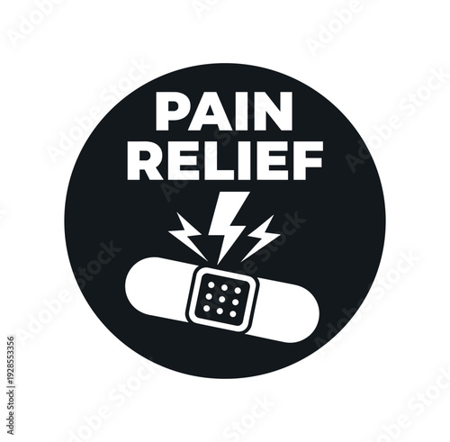 Flat vector badge PAIN RELIEF simple white pain lightning bolt with bandage