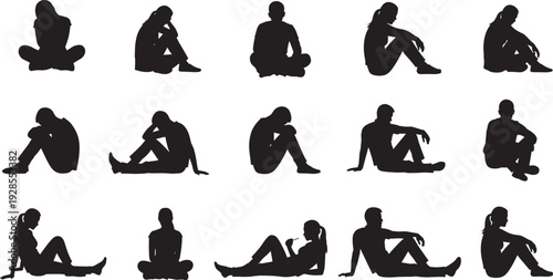 Collection of Sad Depressed People Silhouettes Sitting in Loneliness Mental Health Anxiety Grief and Stress Concept Isolated on White Background