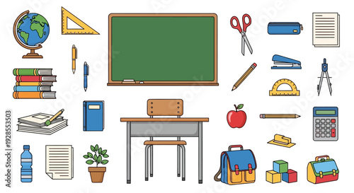 Illustration of school supplies and classroom essentials with desk and chalkboard.