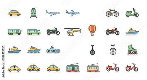 Collection of various colorful transportation and vehicle icons in flat design.