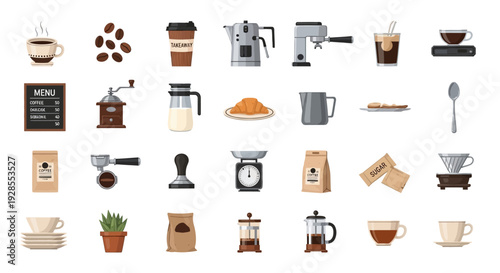 Collection of coffee-related icons including cups, brewing equipment, and coffee beans.