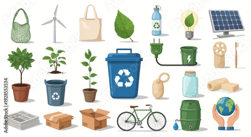 Collection of eco-friendly and sustainable living icons and objects.