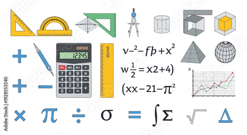 Mathematical and scientific tools and symbols representing education and learning concepts.