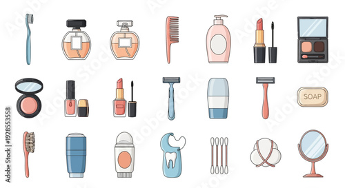 Collection of personal hygiene and cosmetic products icons in flat style.