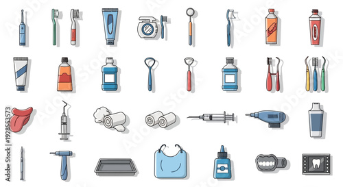 Set of dental care and oral hygiene tools and accessories icons.