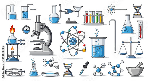 Collection of various scientific laboratory equipment and molecular models illustrations.