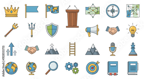Collection of various colorful business and technology icons on white background.