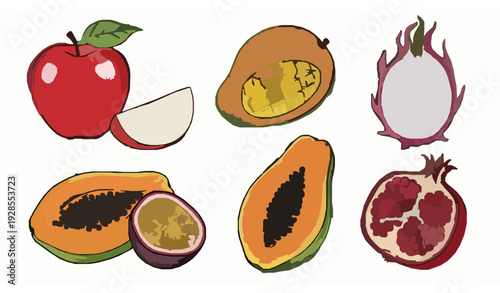 Hand drawn fruit illustration artwork apple mango dragon papaya set
