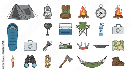 Collection of camping and outdoor adventure equipment icons in flat design.
